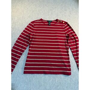 Lauren Ralph Lauren Red Gold Metallic Striped Button Shoulder Top Large T0021
